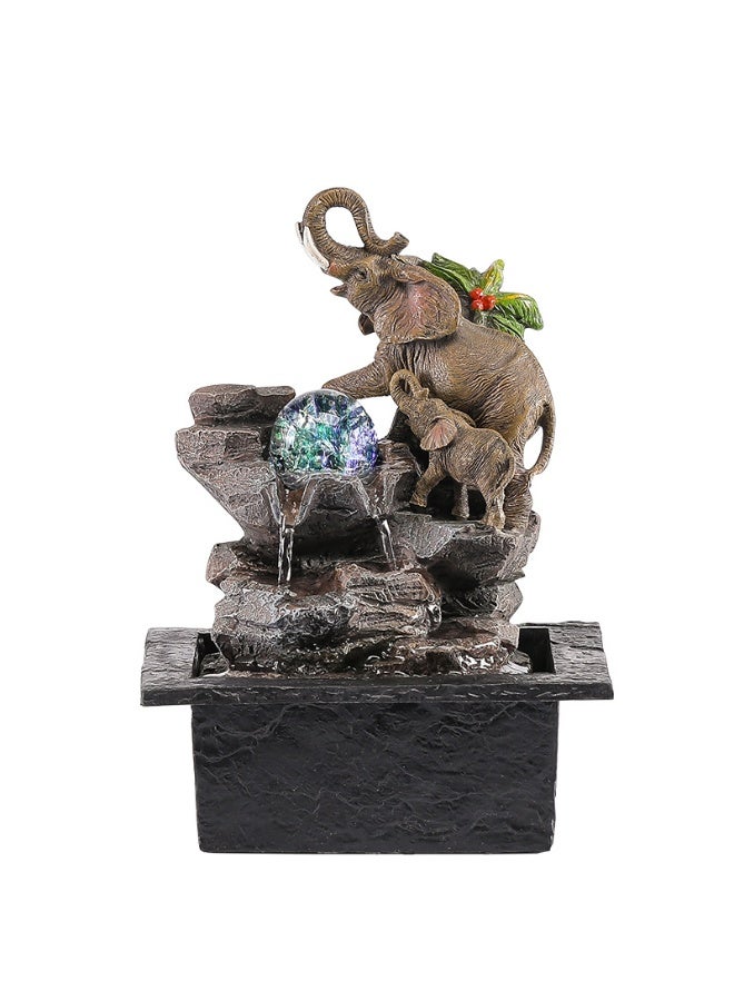 نافورة مياه داخلية بتصميم عائلة الفيلة مع كرة كريستال LED - ديكور مكتبي ومنزلي لجلب الحظ والرزق - زينة شلال صخرية للطاولة - Image 1